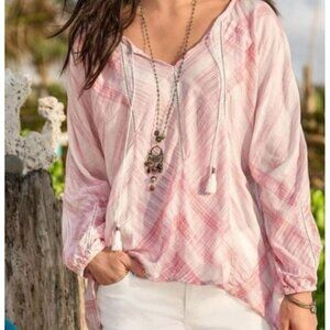 Sundance Boho Blouse Diagonal Plaid Ladder Lace Tassel Tie Front Small S Cotton